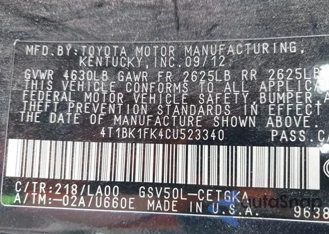 2012 Toyota Camry Xle V6 z USA, uszkodzony, nr VIN 4T1BK1FK4CU523340